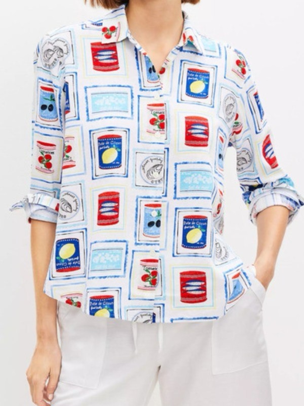 LOFT Novelty Can Print Linen Blend Buttondown Size Small